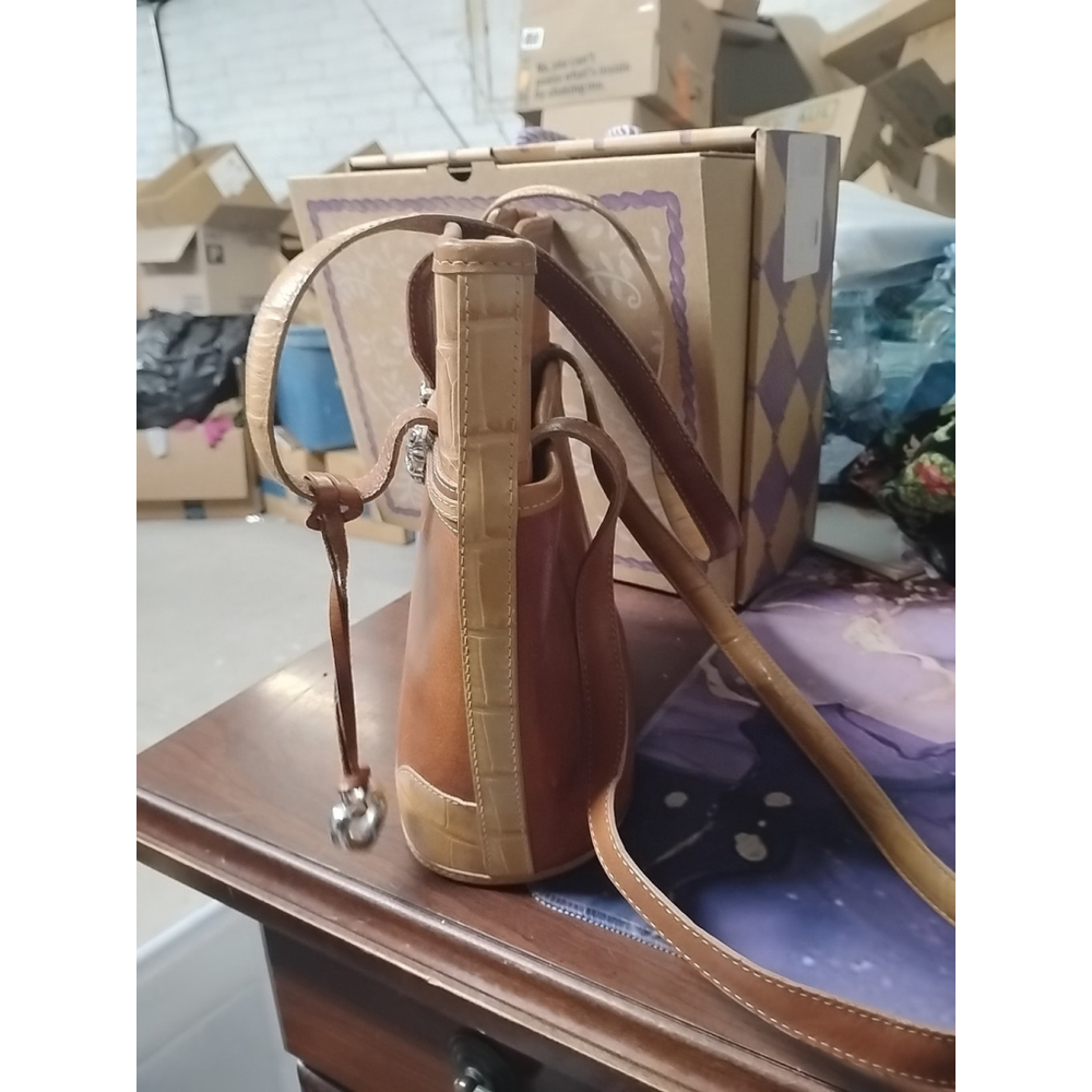 BRIGHTON Tan Cream Brown Croc Leather Bucket Shoulder Handbag Satchel Purse Bag - Picture 5 of 11